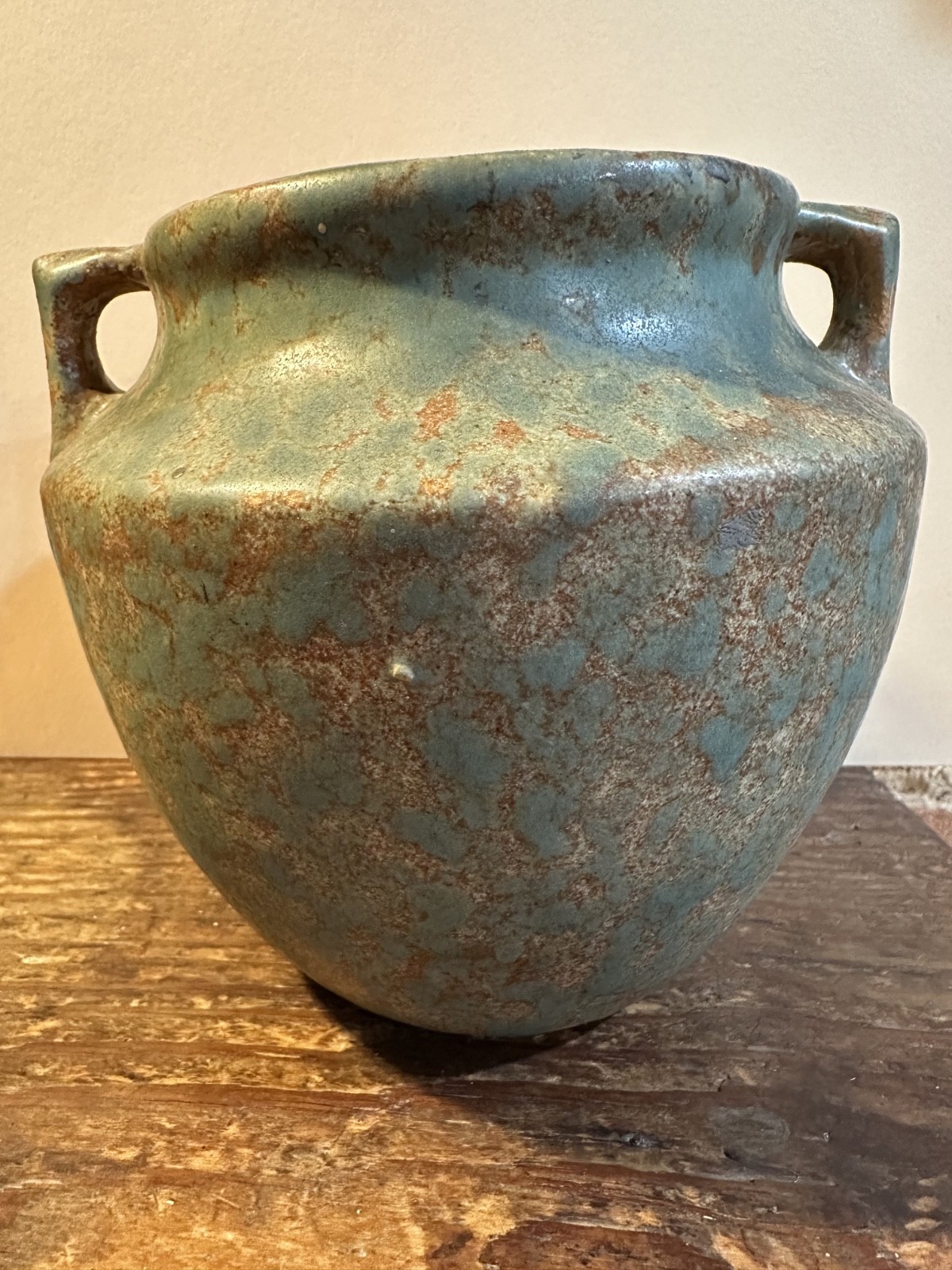 BURLEY Winter Pottery 1930’s Vase Planter #43 Mottled Green and Orange 6″