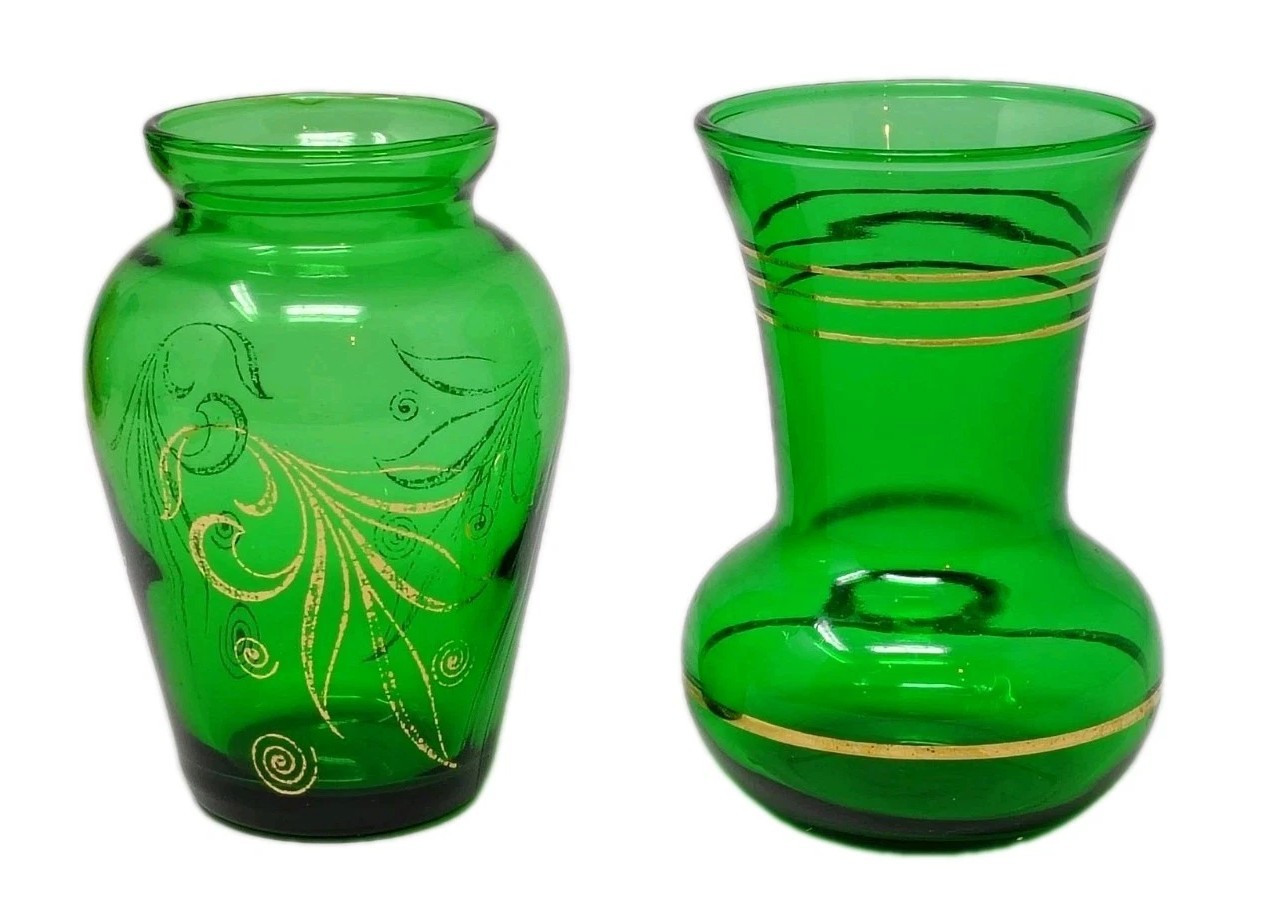 Vintage Emerald Forest Green Glass Bud Vase Hand Painted Gold Detail Mini Set 2