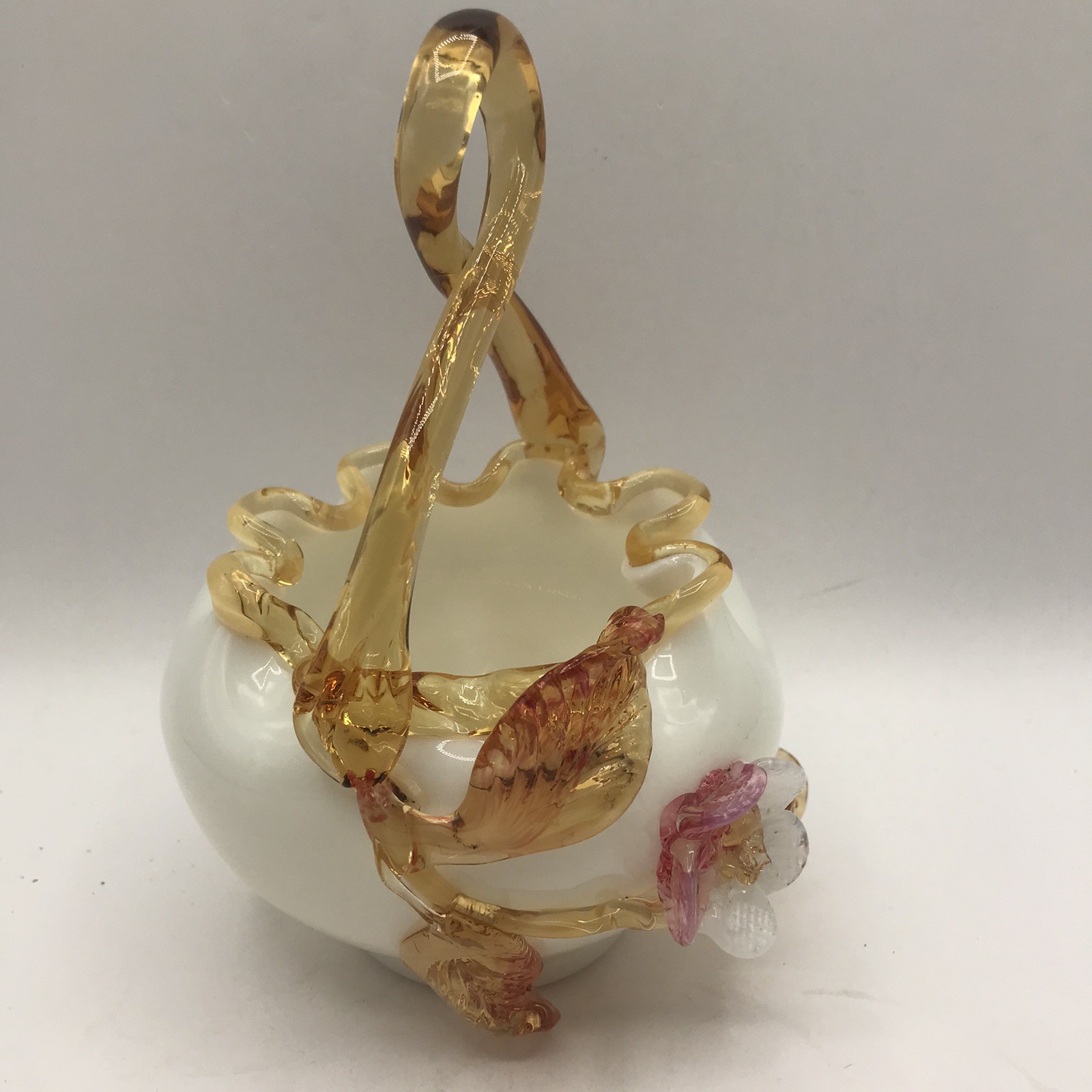 Antique Stevens & Williams Basket Amber Crest & Handle, Flower on White – GLOWS!