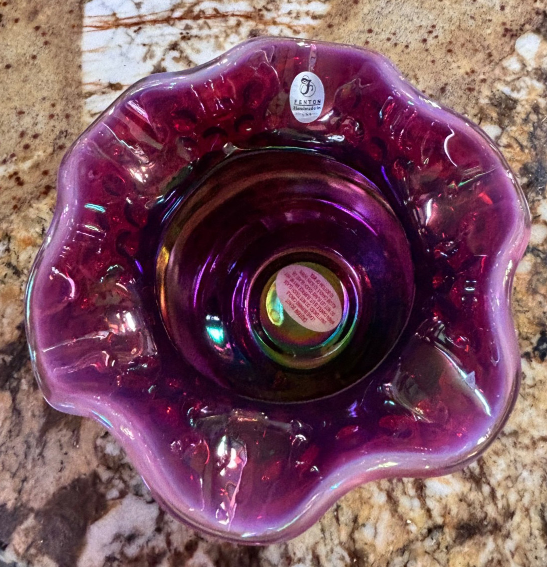 Fenton Plum Opalescent Hobnail Carnival Glass Vase Votive Candle Light