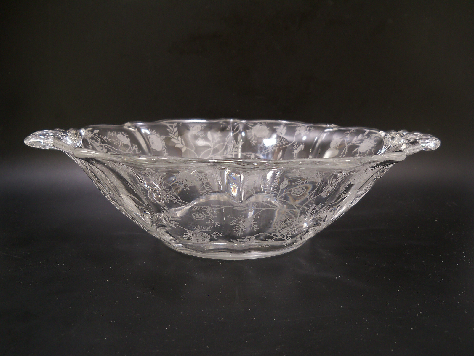 Fostoria Baroque Etched Rose Handled Crystal Glass Bowl