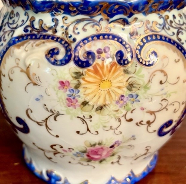 Antique French Hand Painted Porcelain Biscuit Jar w Lid; Blue w flowers & Gold