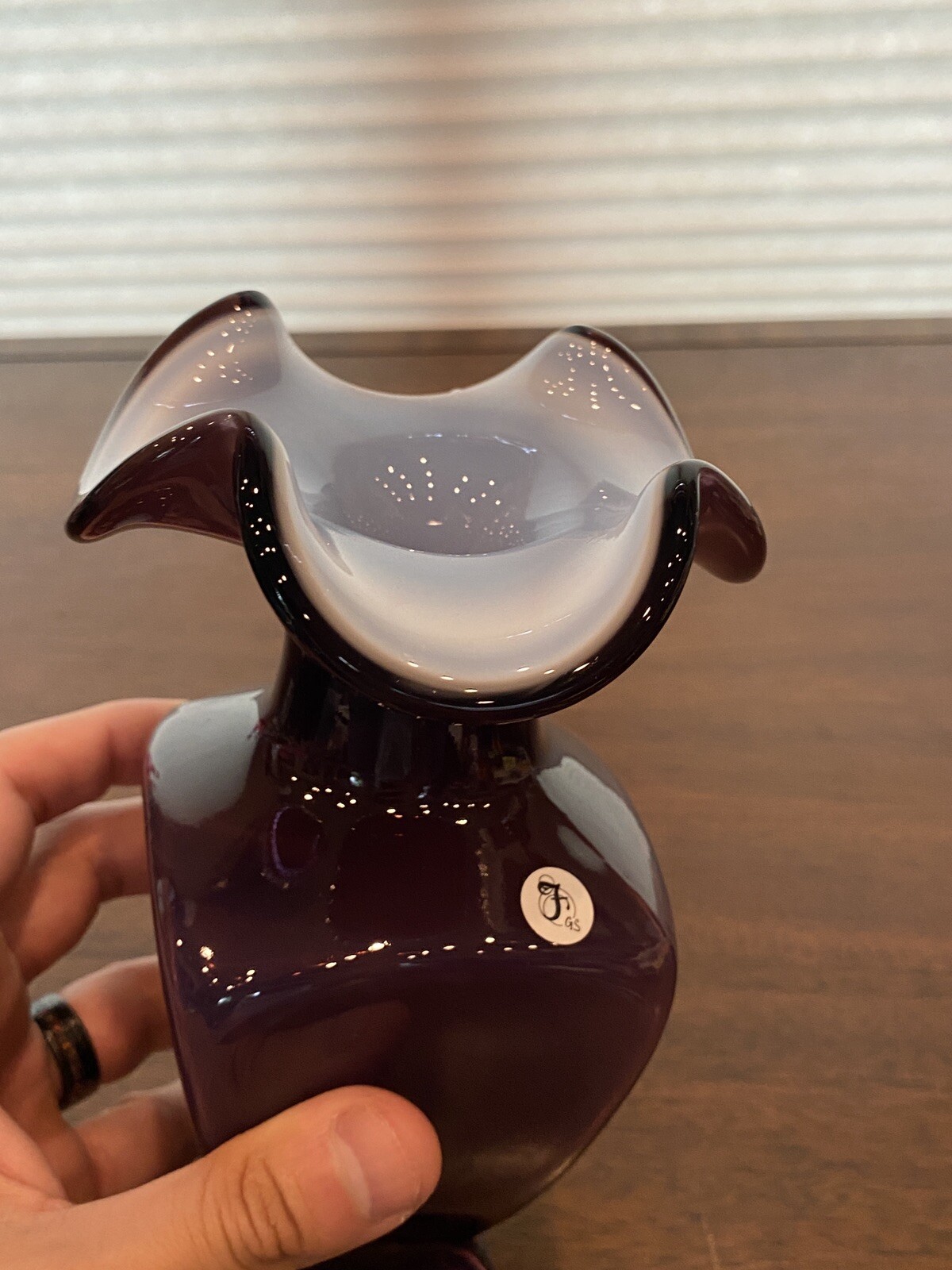 STUNNING FENTON Amethyst Opalescent Square Shaped Art Glass Vase W/LABEL 7.5″H