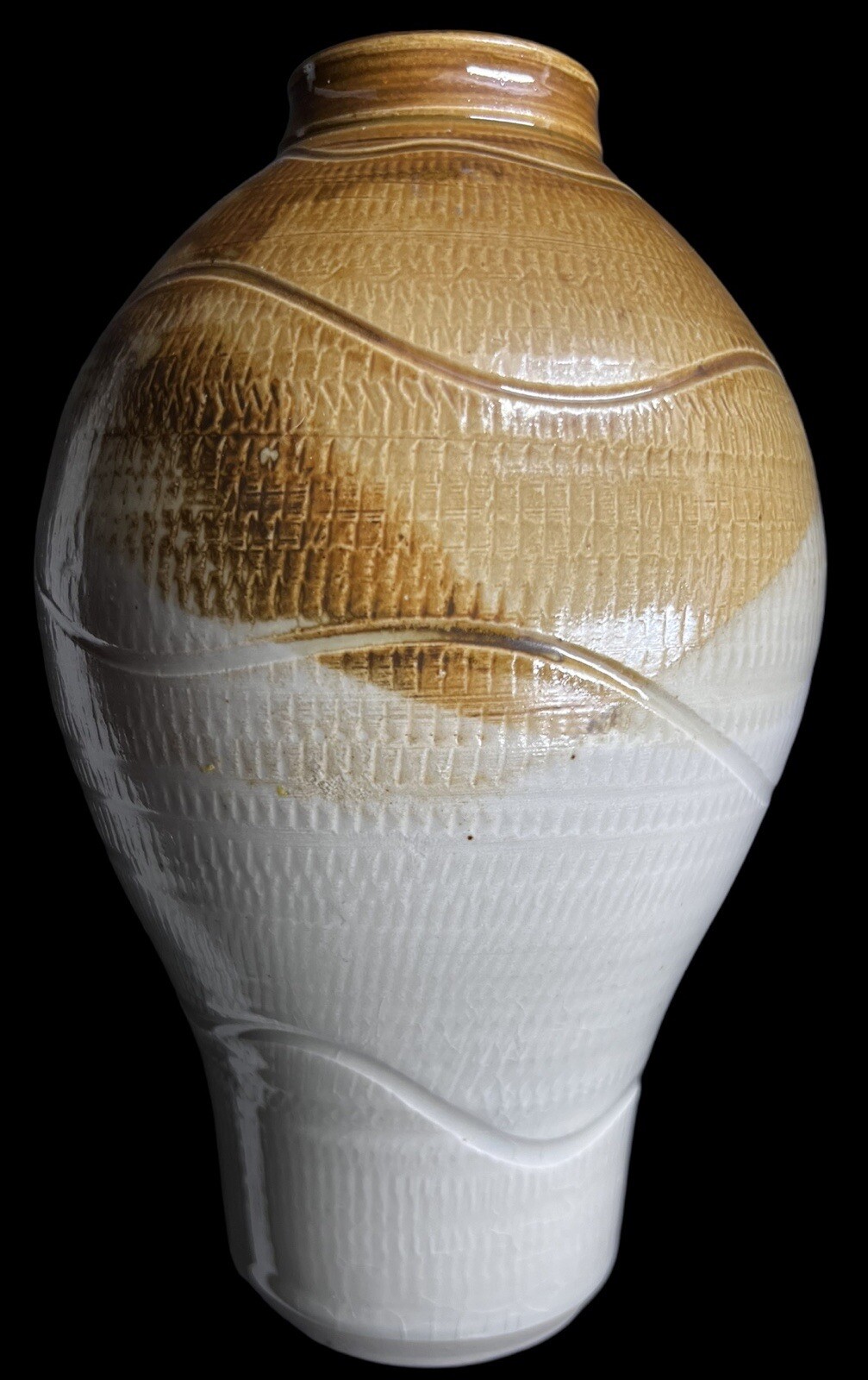 Vintage 1995 Studio Art Pottery Vase Caramel Brown & Cream Wavy Lines Signed 8”