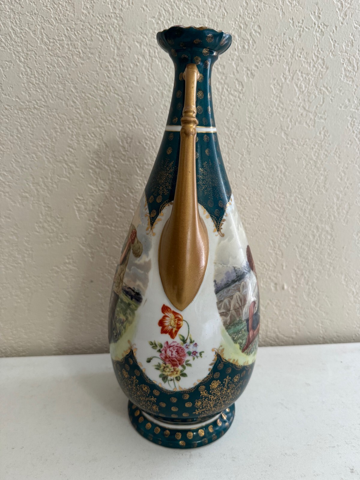 Antique Victoria Porcelain Schmidt & Co Austria Vase w/ Couple Decoration