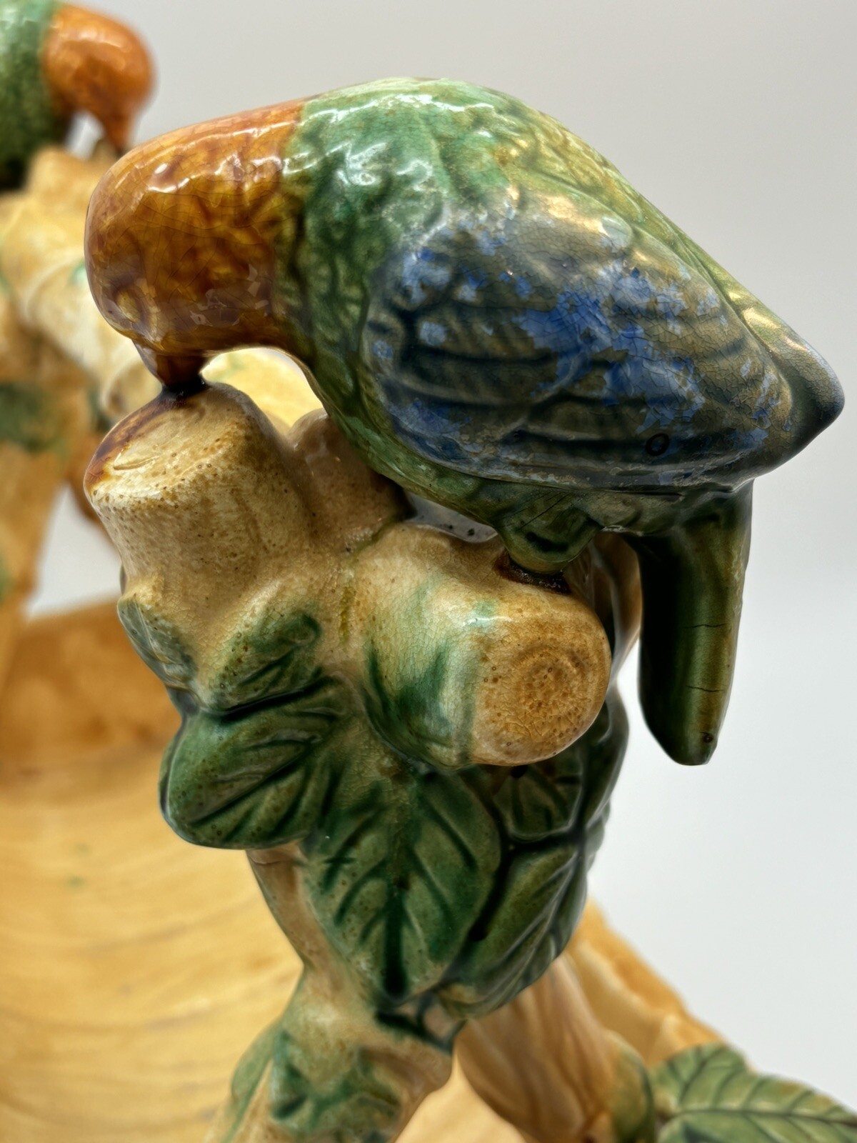 Victorian Pottery Strawberry Server Basket Planter 13” Parrots Birds Vintage