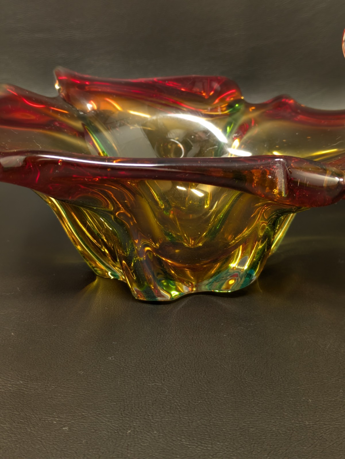 Vintage MCM Murano Red Yellow Green Heavy Art Glass Sommerso Centerpiece Bowl