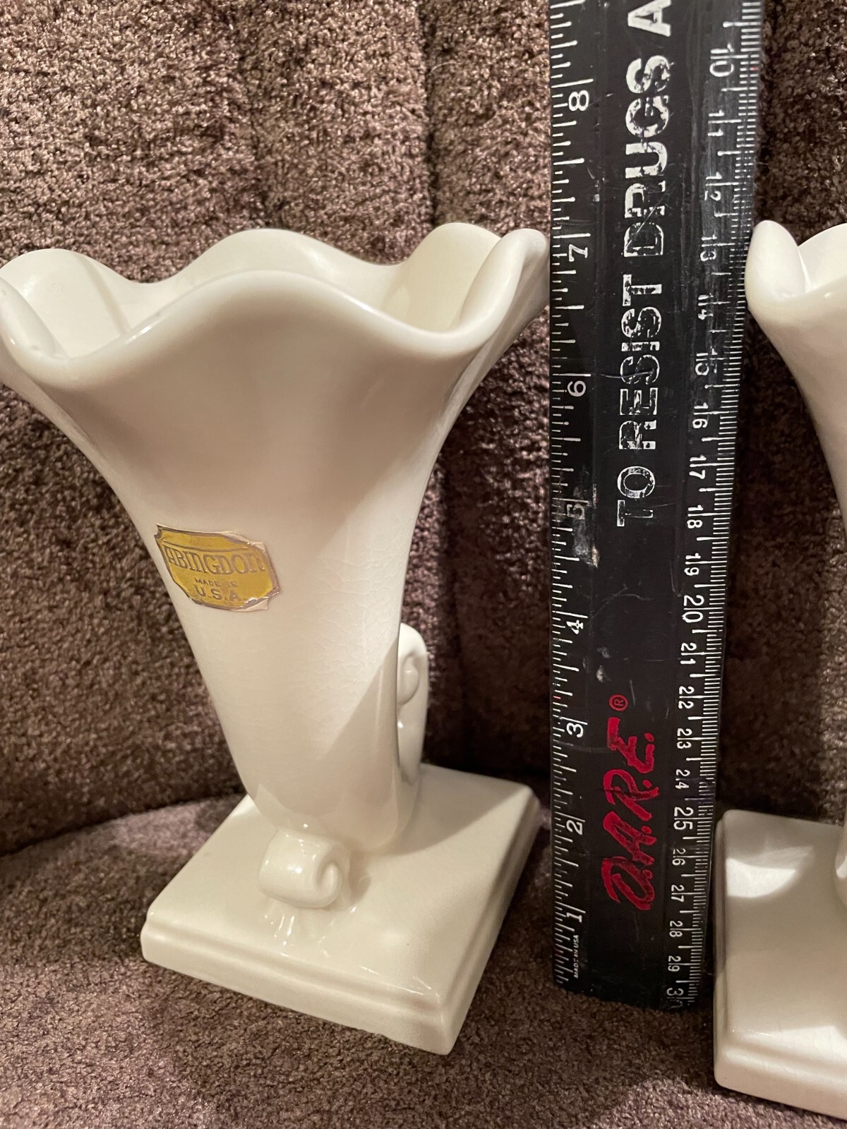 Vintage Abingdon Pair White Cornucopia 7” Vases USA New Old Stock Mint Condition