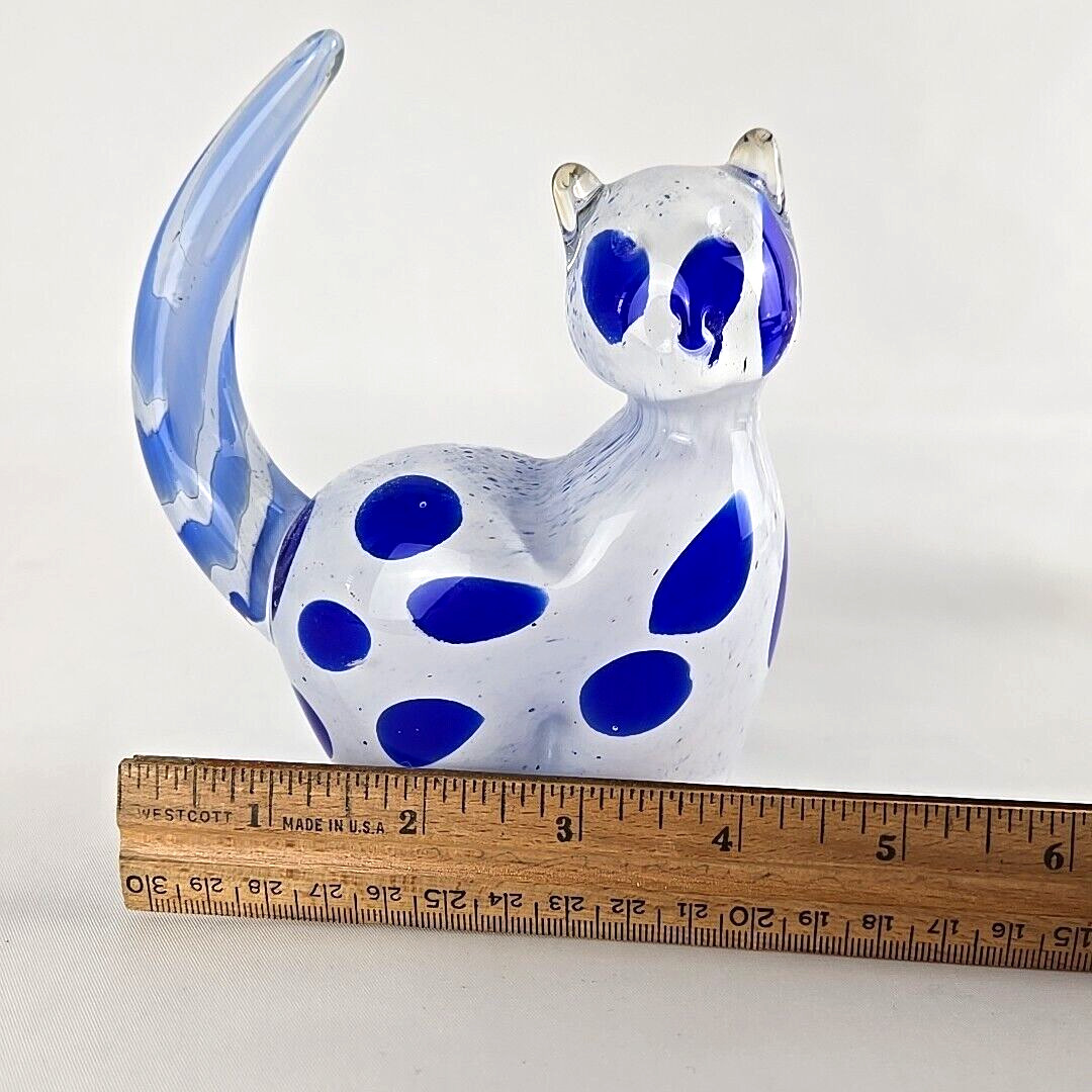 Hand Blown Art Glass White Cat Blue Spots Paperweight Figurine Heavy Glass