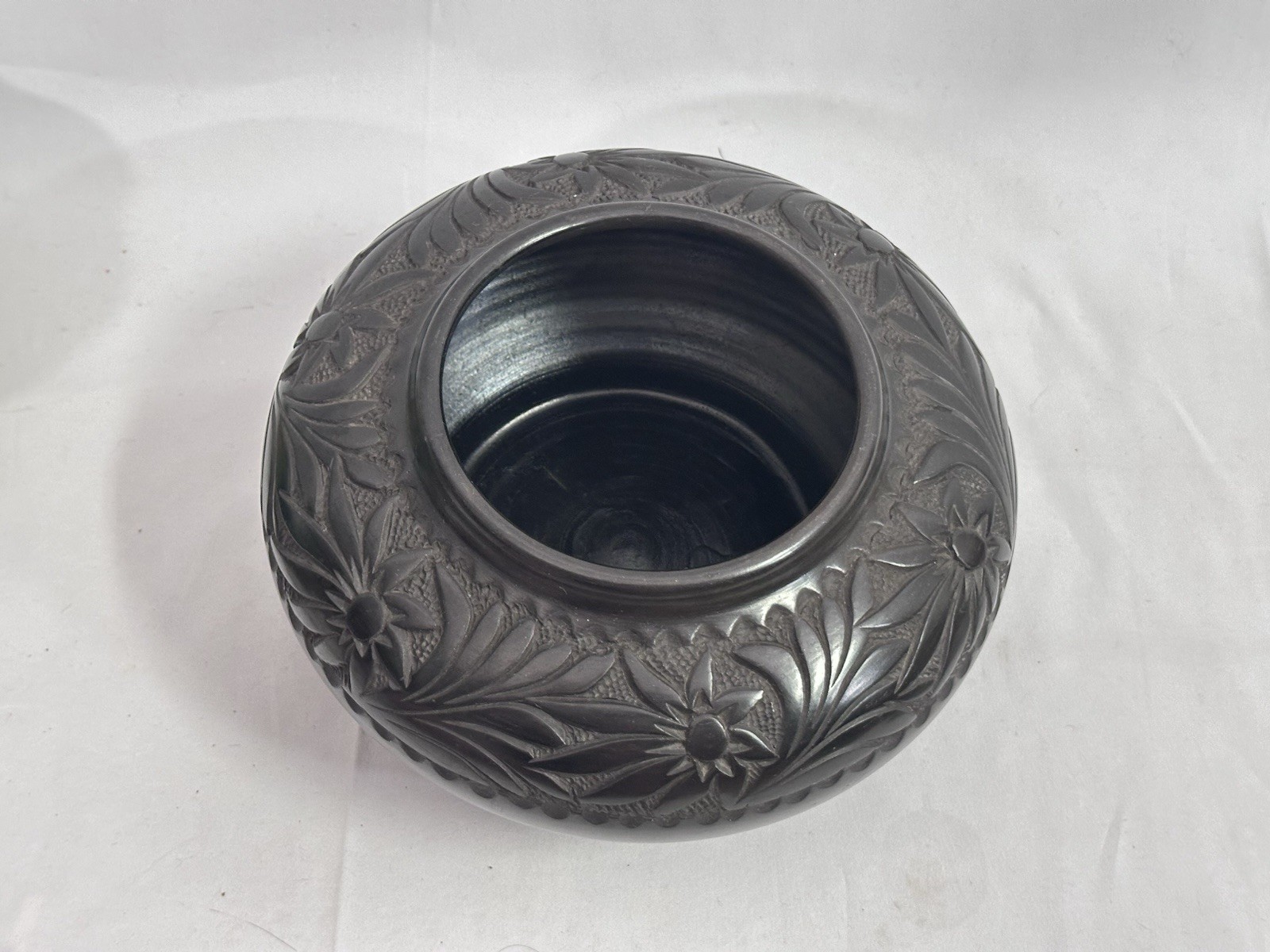 Vintage Romanian Marginea Black Pottery Bowl Hand Carved Floral Folk Art Signed