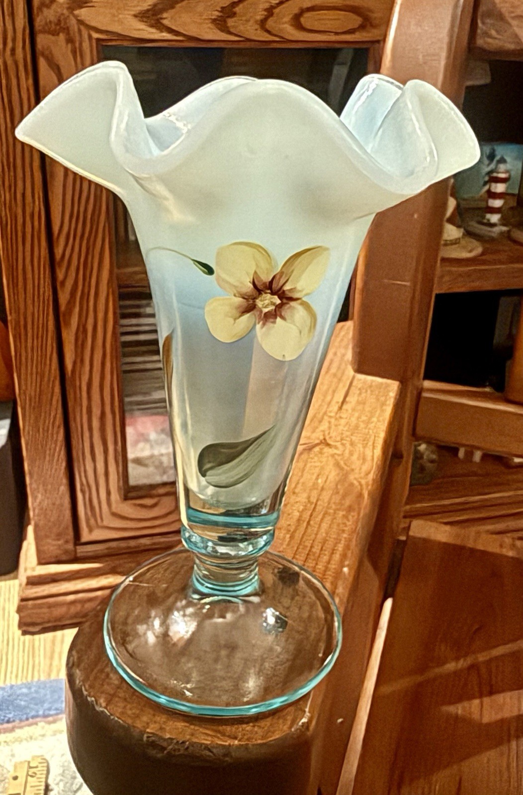 Fenton Glass hand-painted “Sand Petals on Aquamarine Opalescent” trumpet vase