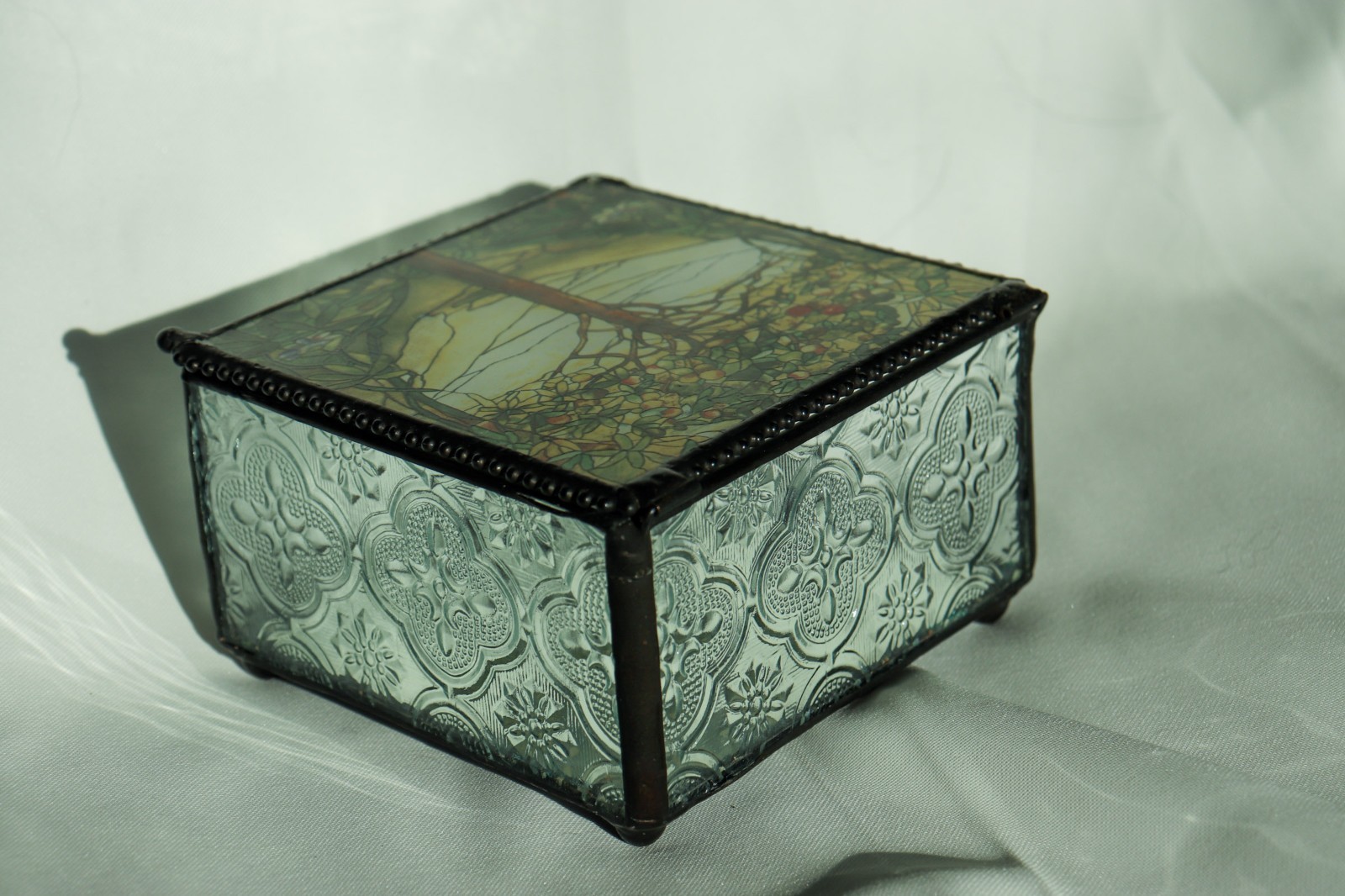 Tiffany Style Tree Of Life Stained Glass Art Jewelry Trinket Box Mirrored Bottom