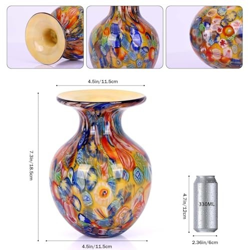 Colorful Hand Blown Glass Vase – Decorative Art for Home, Table Centerpiece, Flo