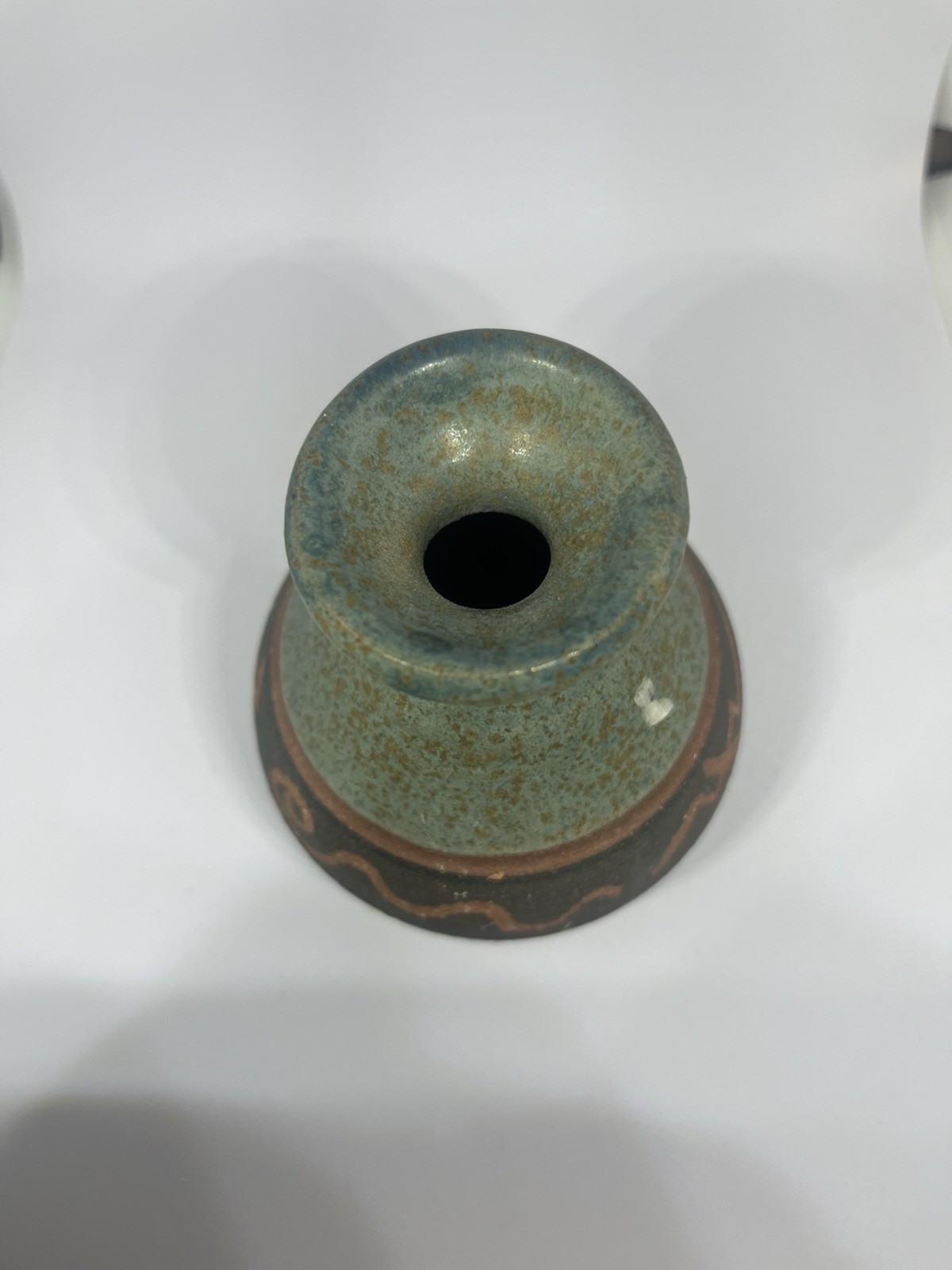 Small Red Clay Pottery Bud Vase Blue and Black 4″ Handmade With Symbols