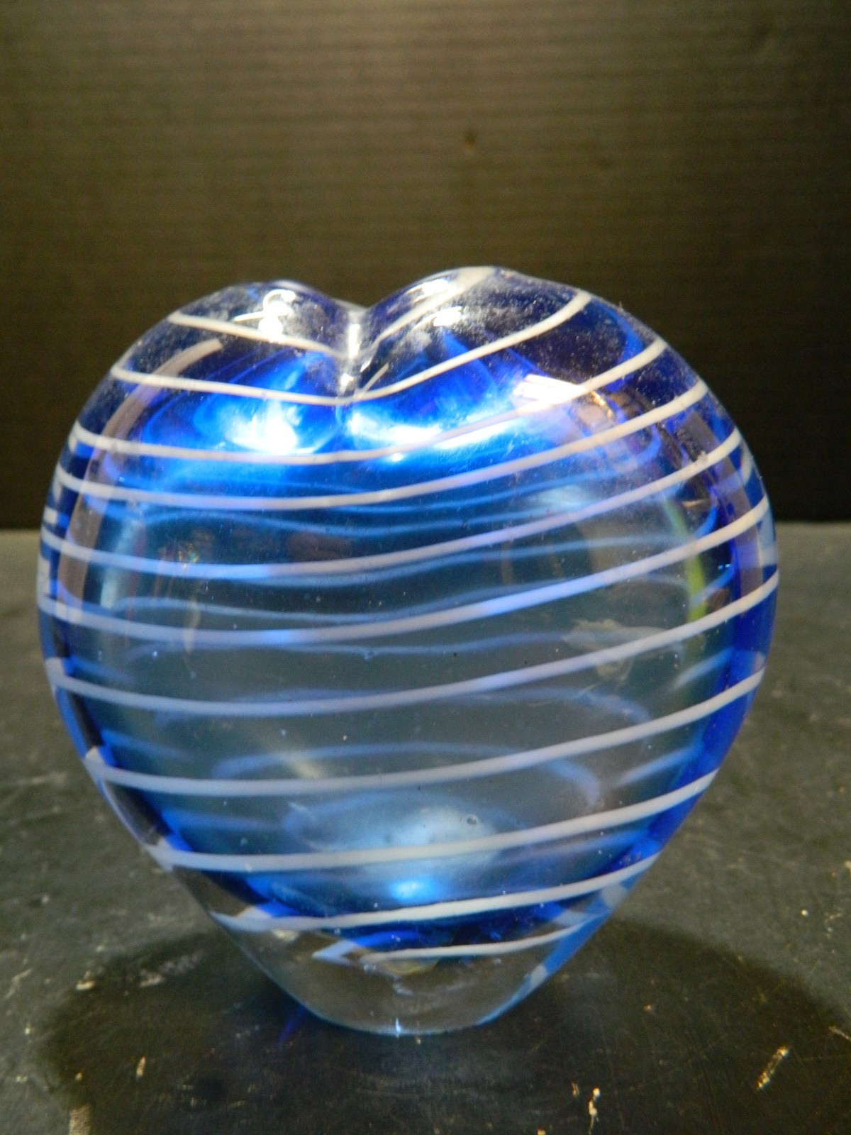 Vintage Murano Hand Blown Blue & White Striped Art Glass Heart Shaped Vase Ex
