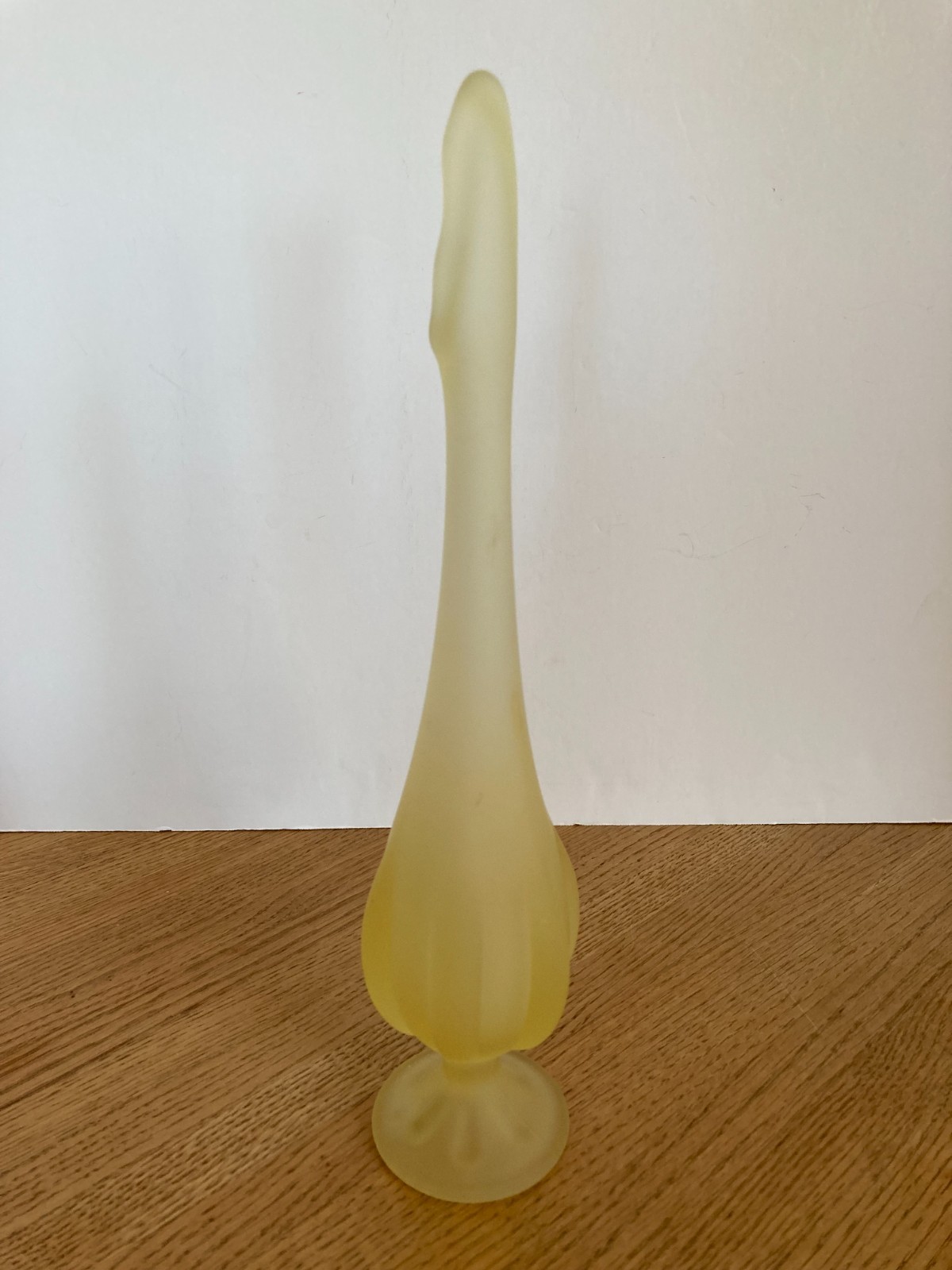 Vintage Viking Glass Yellow Satin Frost 6 Petal 12″ Footed Swung Vase w/ Label