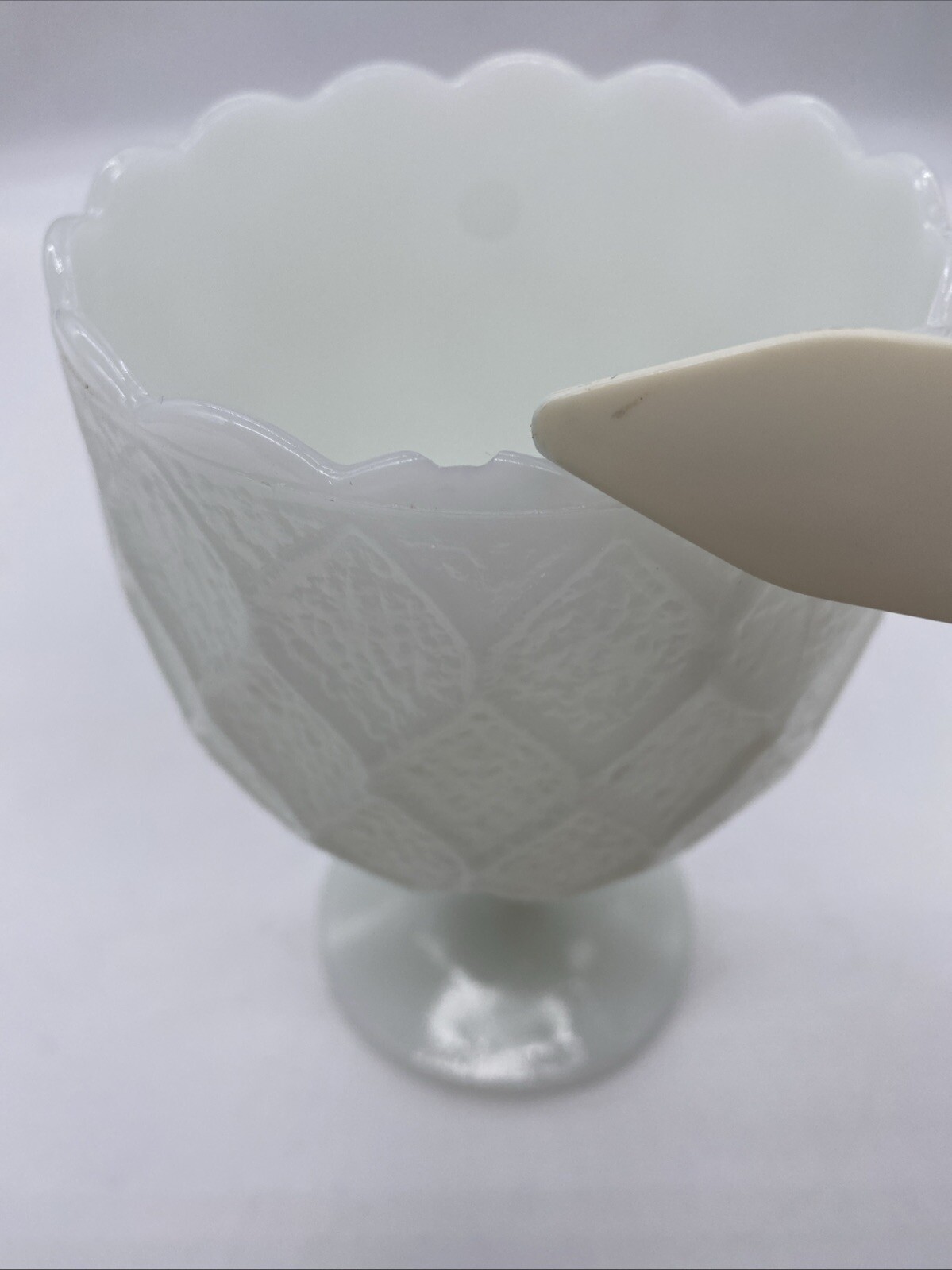 Vintage Milk Glass Chalice 6.25″ Harlequin Diamond Pattern Scalloped Top