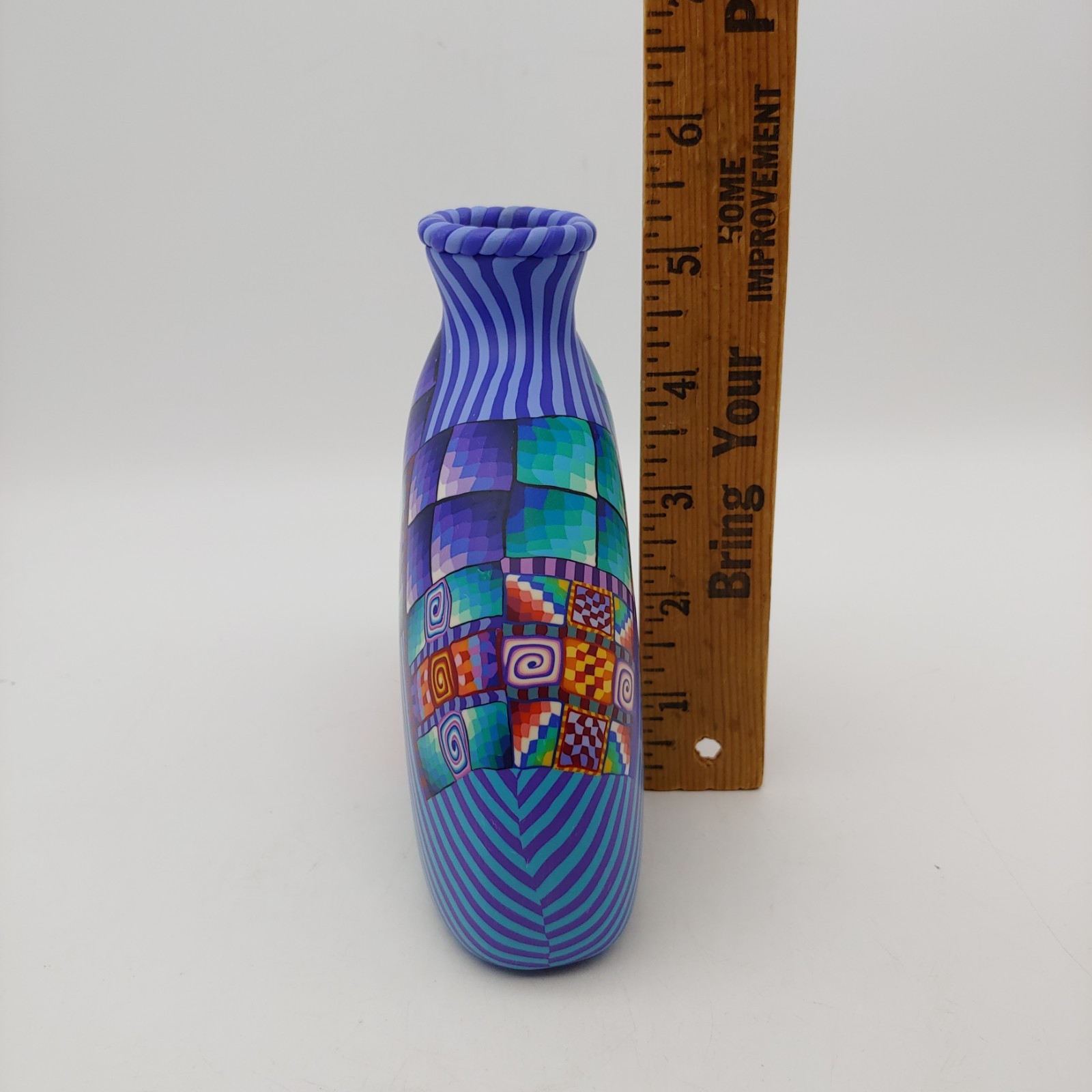 Handmade Colorful Polymer Clay Vase – 6.5″ Blue Green Purple Striped Geometric