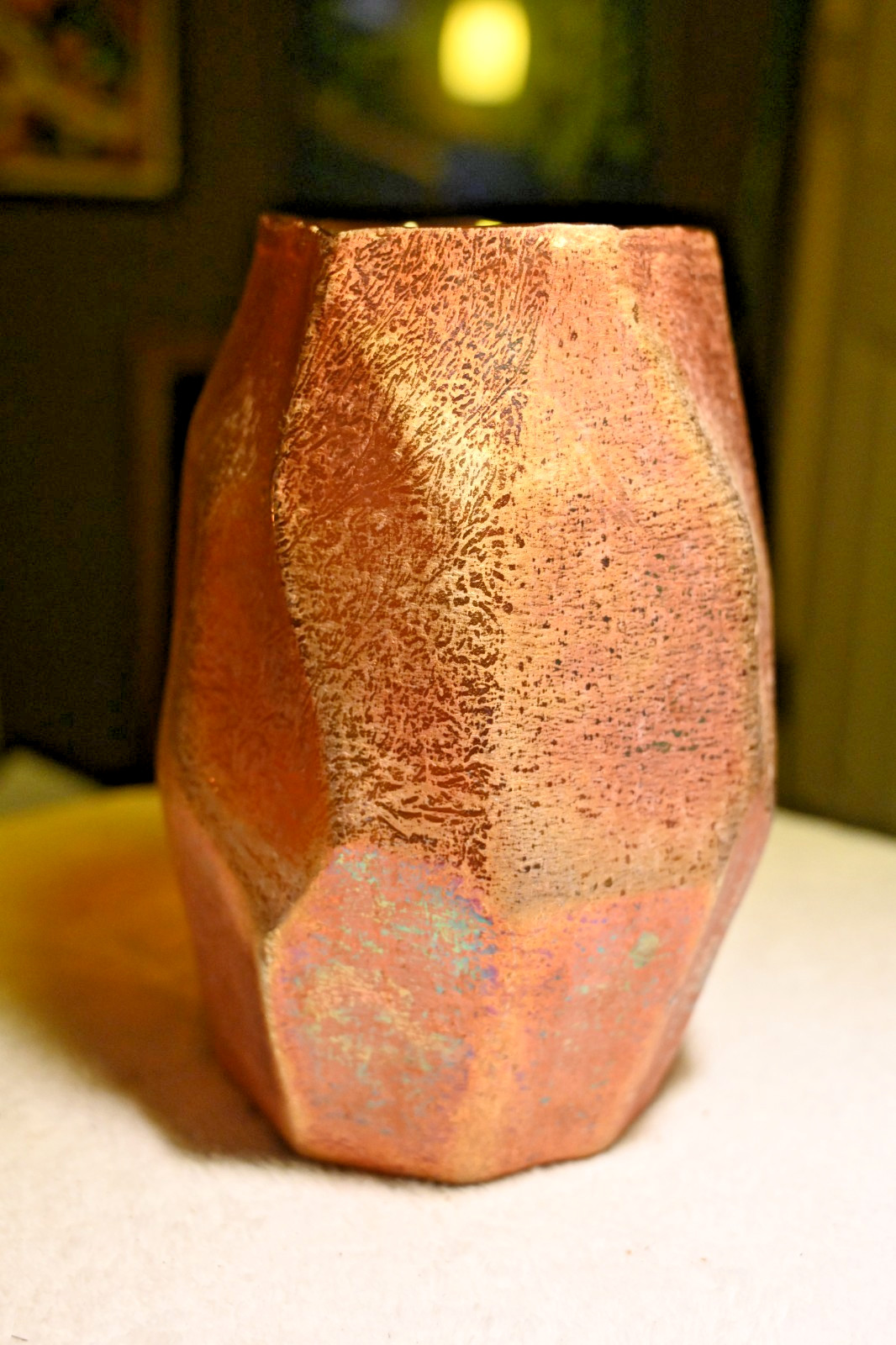 Vintage Hand Blown Iridescent Copper Art Glass Vase Faceted Studio Glass