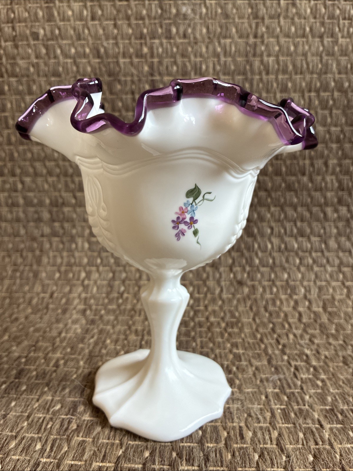 Fenton Art Glass Signed Amethyst Purple Crest Violets in Snow Footed 6” Compote