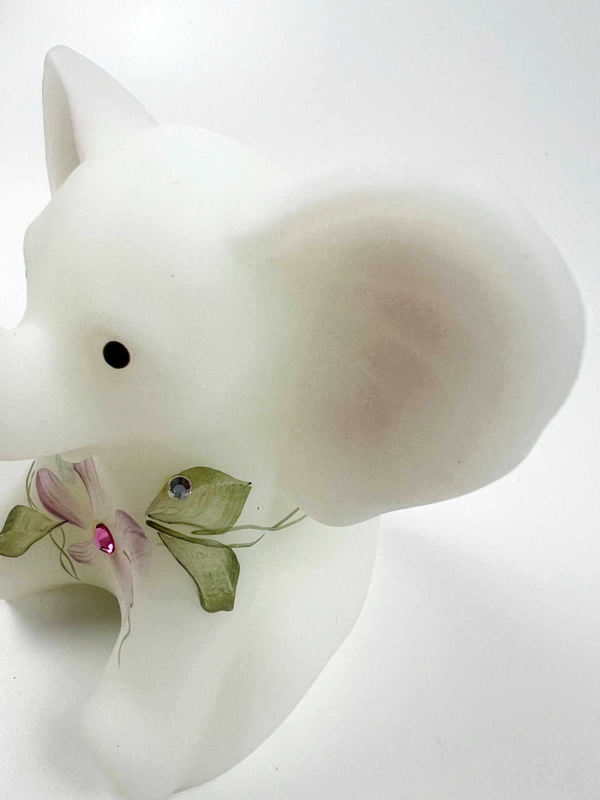 vintage Fenton Glass Dewdrops Baby Elephant white satin hand painted signed 2004