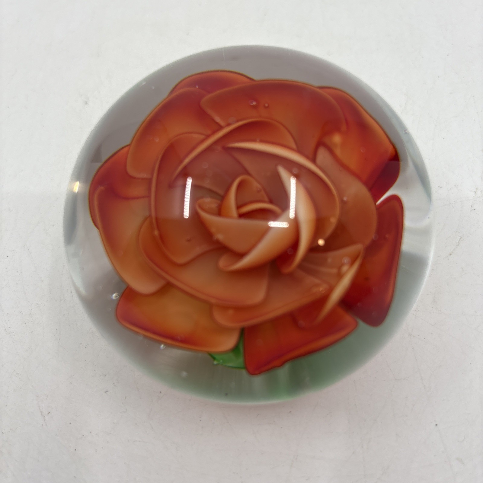Red Rose and Green Leaves Collectible Blown Glass Flower Paperweight 3.5” Round.