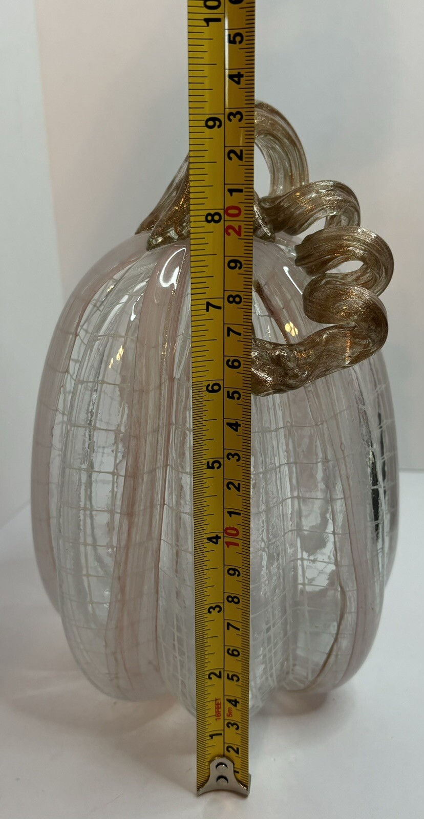 BLOWN GLASS CLEAR, WHITE, GOLD, LIGHT PINK FALL PUMPKIN ART GLASS DECORATION #1
