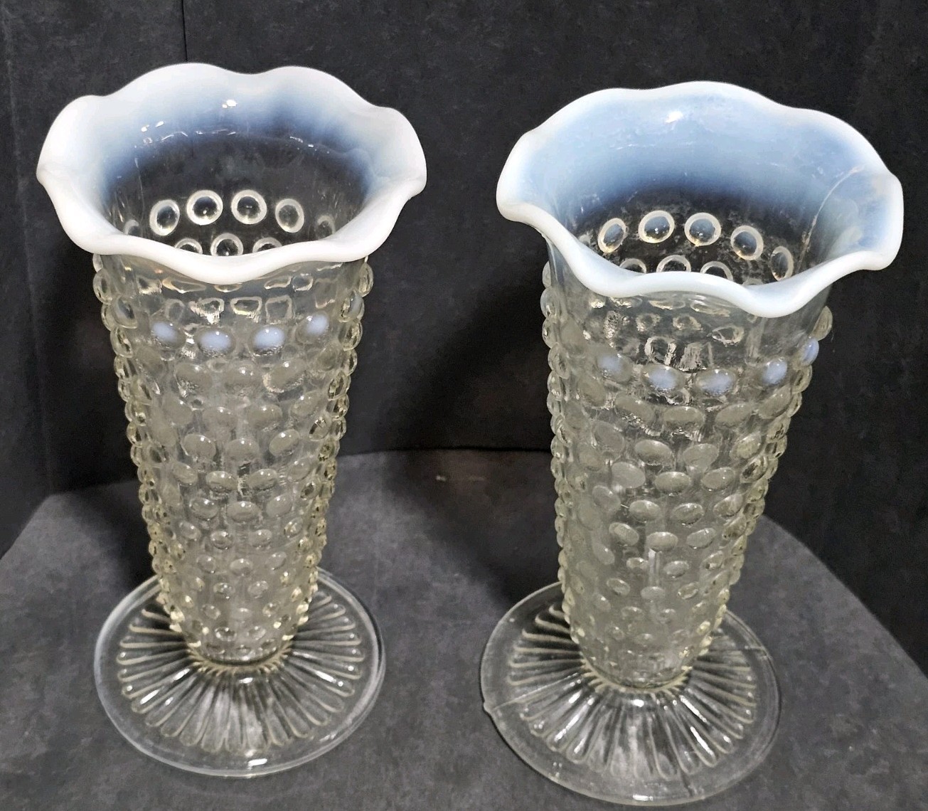 3 Moonstone Opalescent Hobnail 2-5.5″ Bud Vases 3 Divide Dish Anchor Hocking