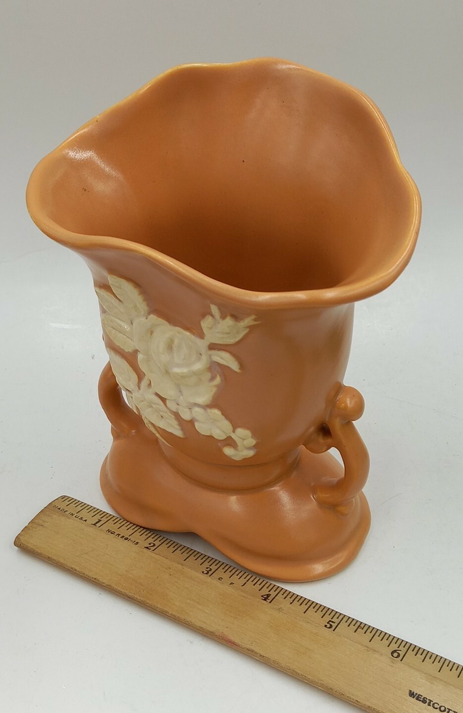 Vintage WELLER Art Pottery VASE Peach White Floral Cameo Relief Handles