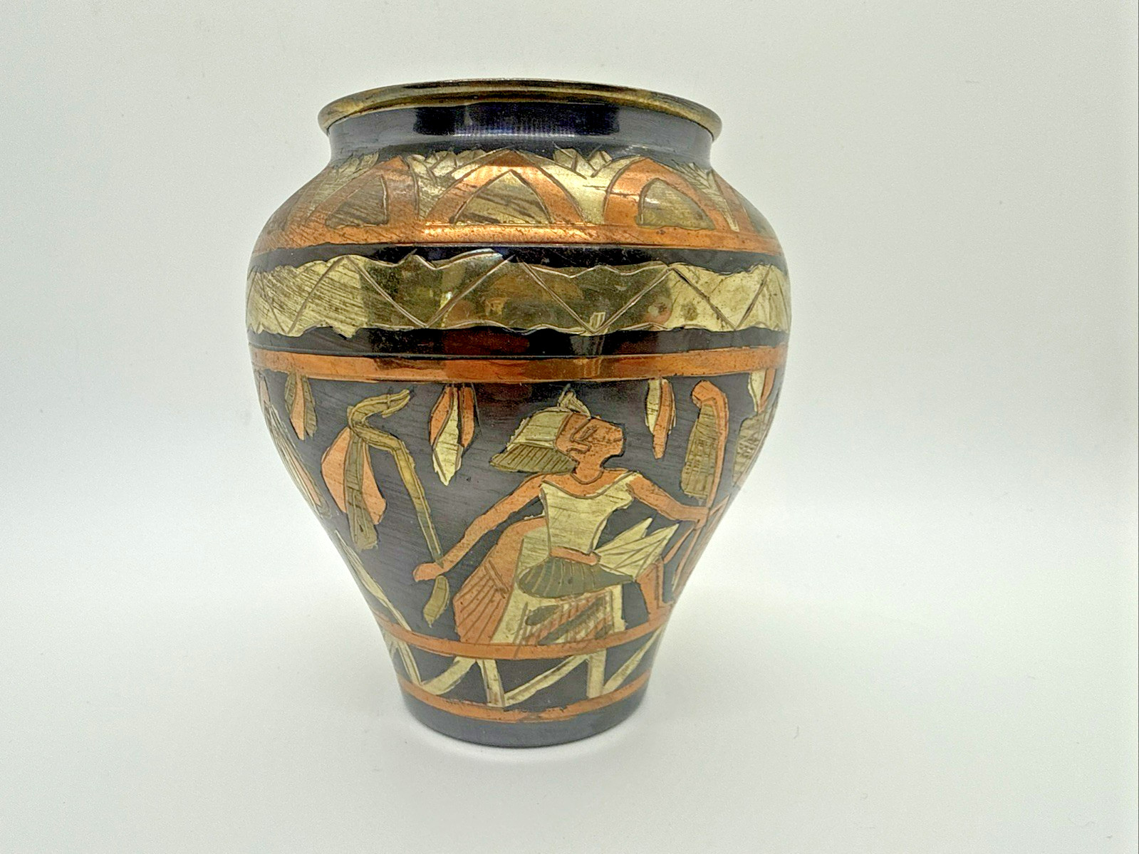 Vintage Nickel Egyptian Vase Copper Brass Plated Black Liver Sulfur Handmade