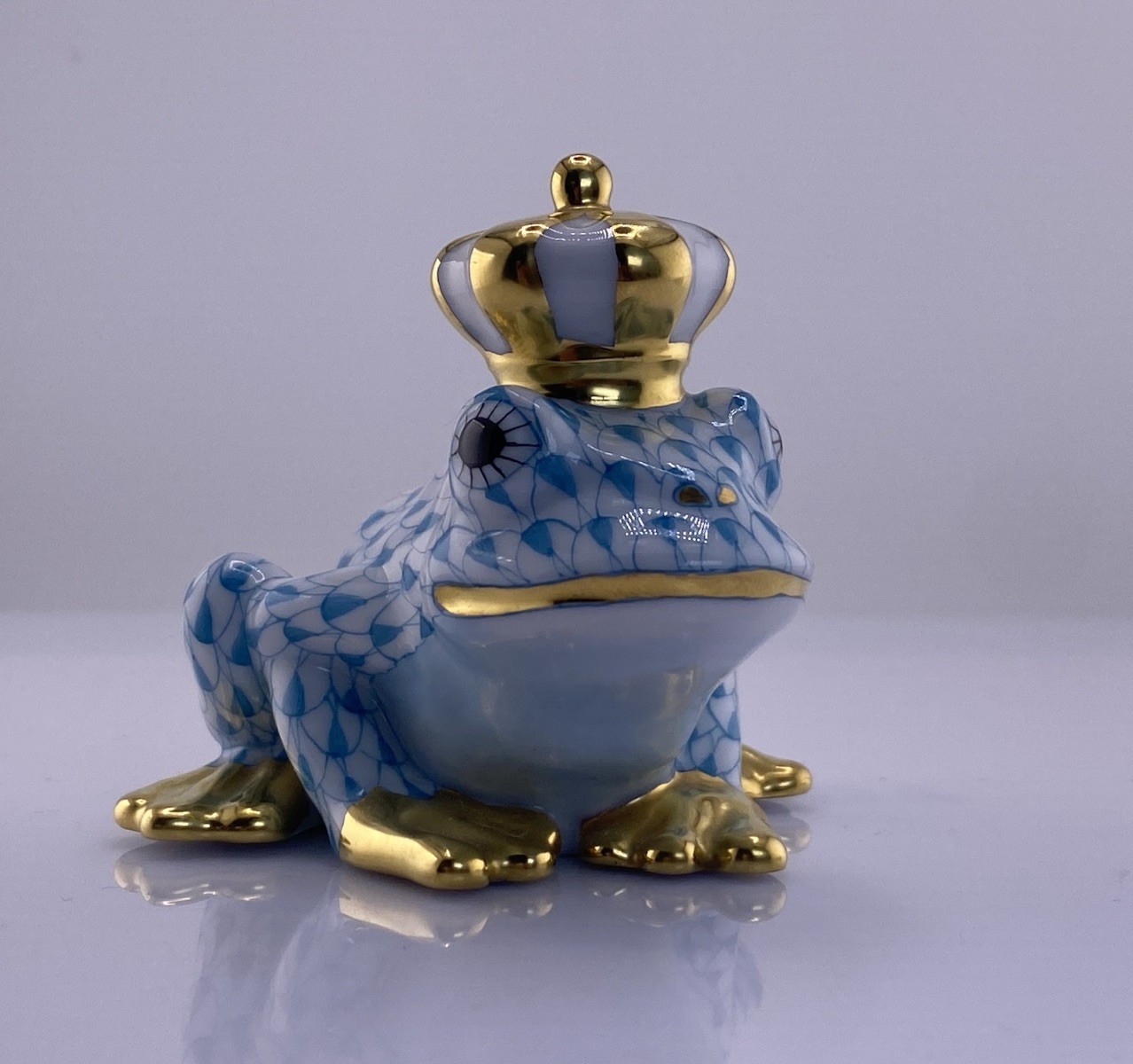 Herend Frog Prince Blue Porcelain Figurine Handpainted 24K Gold Hungary S1010