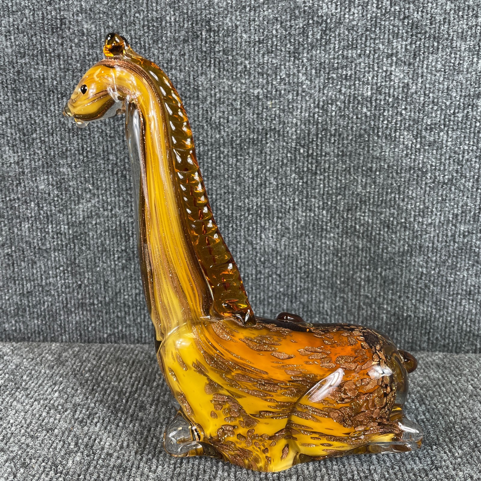 Vintage 70s Murano Style Glass Amber Gold Aventurine Giraffe Figurine Italy 9″