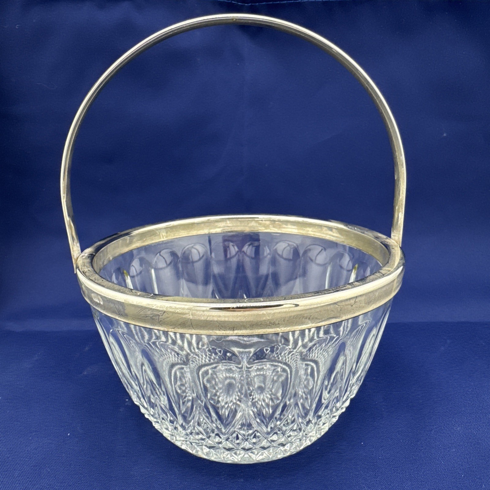 Vintage Reims France Crystal Glass Candy Bowl Basket Silver Plate Rim & Handle