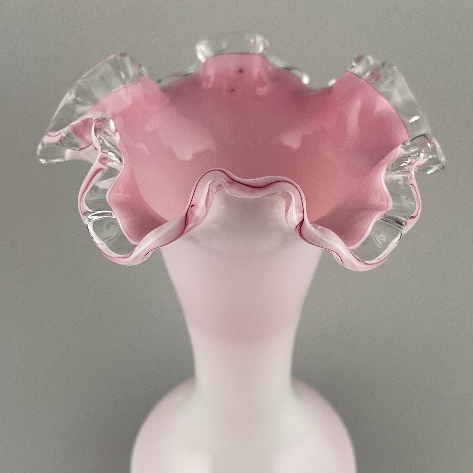 Vintage Fenton Peach Crest Vase Double Crimped Ruffled White Pink Cased Glass