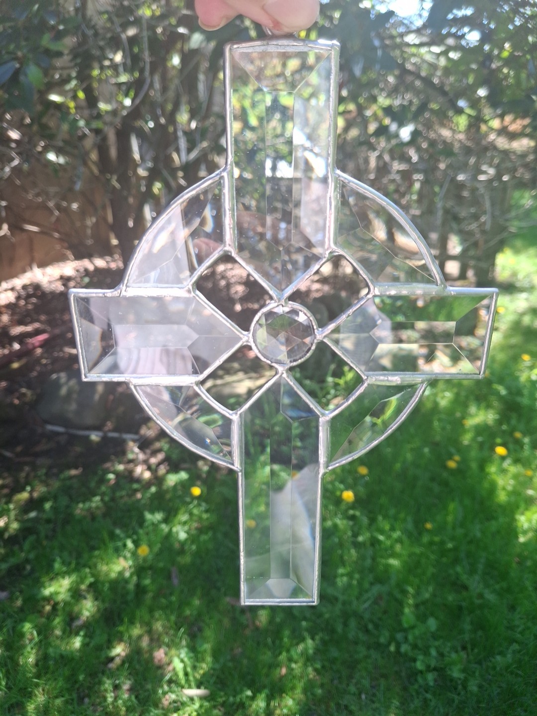 9″Christian Cross Window Suncatcher Clear Beveled Glass Leaded Prism Center 🎁
