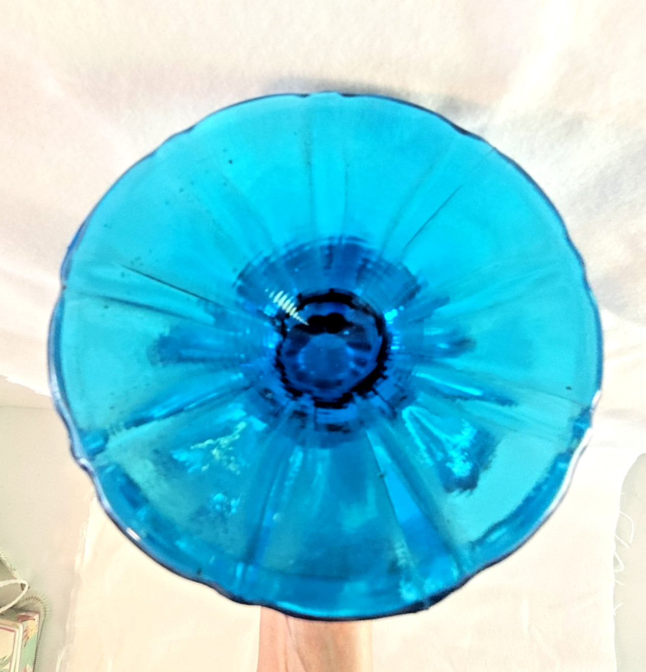 L E Smith Swung Glass Vase Peacock Blue Ribbed Pedestal 19″ MCM Bluenique