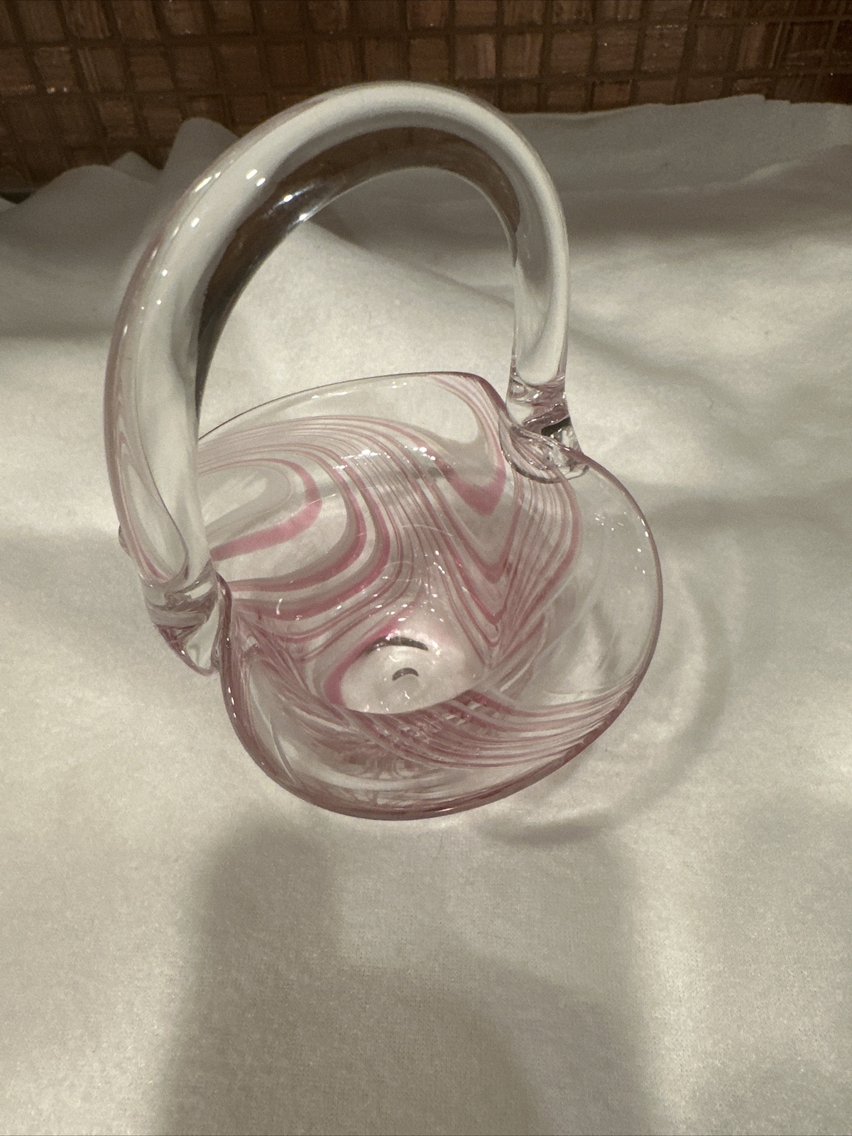 Vintage Hand blown Clear, Pink&White Swirl Art Glass Basket 6”