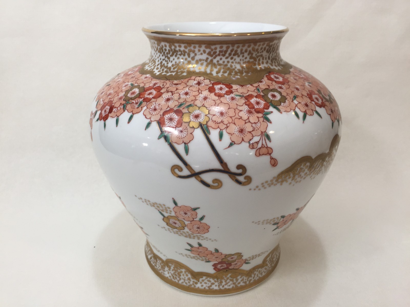 Vintage Japanese Arita Pottery Handpainted Flower Vase, 10 1/2″ Tall x 10″ Wide