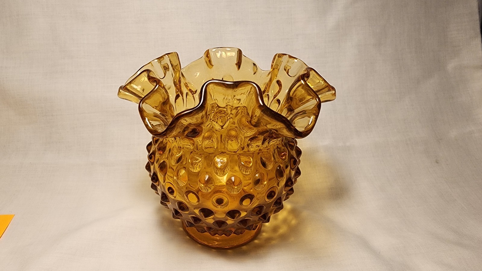 Amber Hobnail Crimped Ruffled Vintage Vase