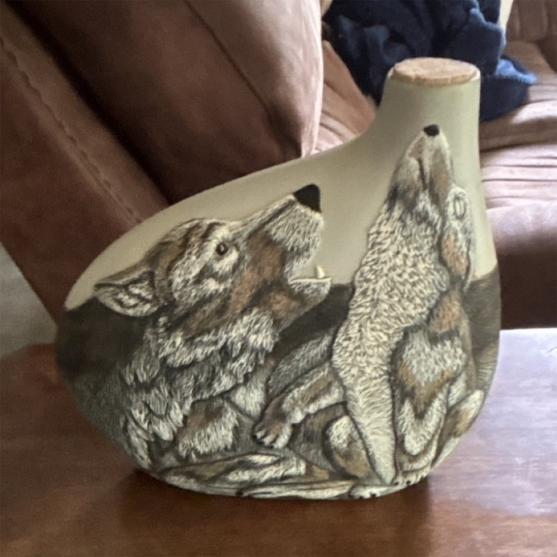 Wolf Motif Decorative Textured Pottery Vase in Beige & Brown, Dogs & Wolves