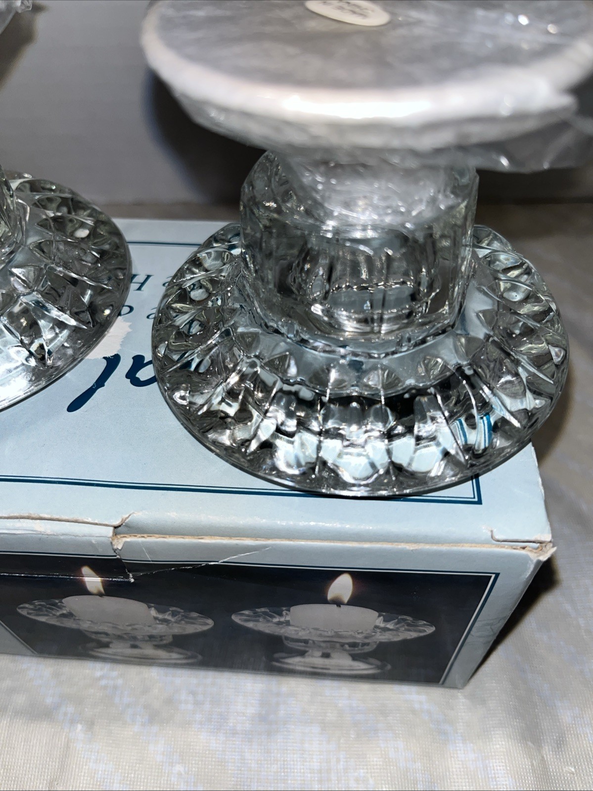 Royal Crest Crystal Candle Holders Pair Glass Silverplate Base Tealight VTG