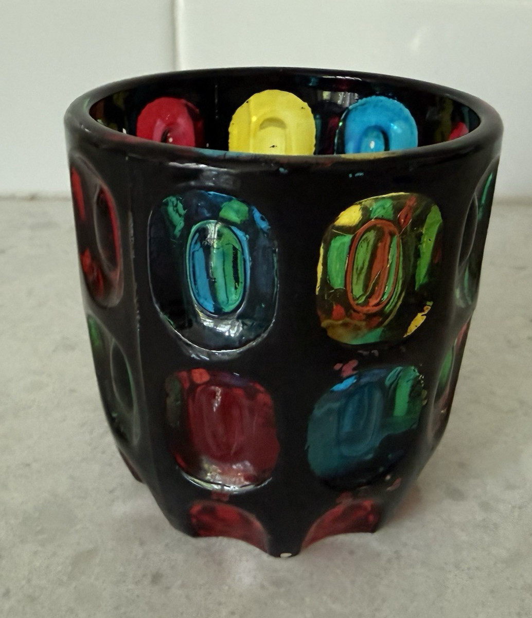 Vintage Japanese Bond Ware Glass Vase Votive Pressed Art Glass MCM Colorful