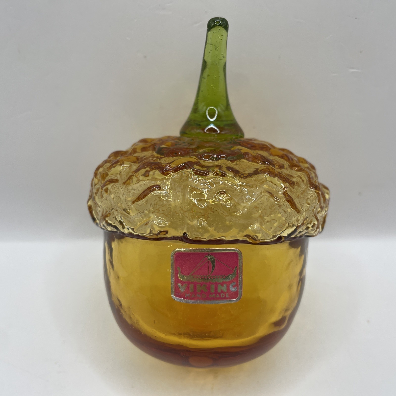 Vintage Viking Rainbow Glass Acorn Amber Brown MCM Paperweight Original Label