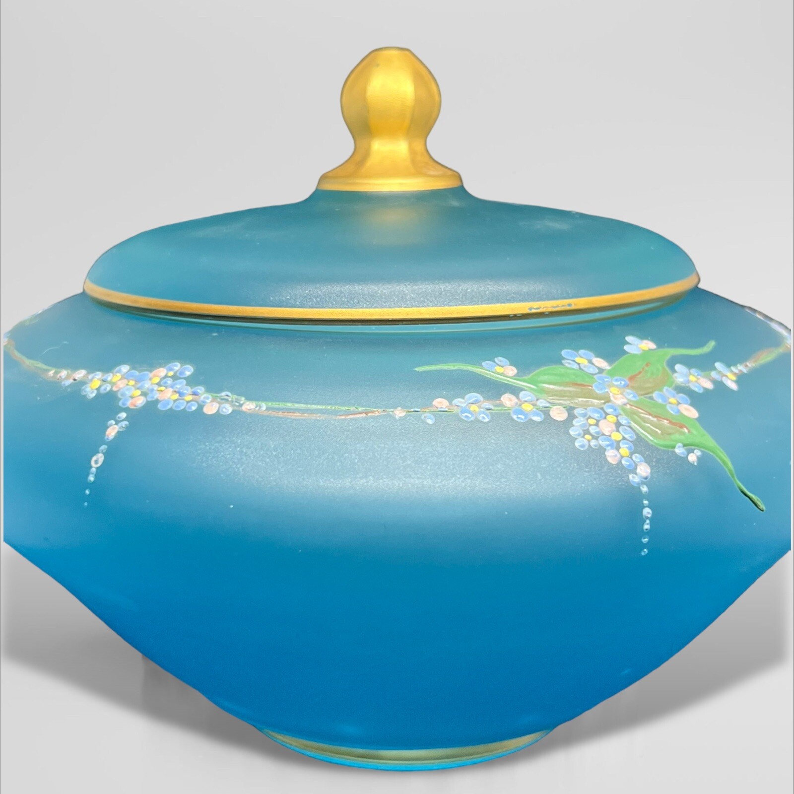 Vintage Tiffin Satin Blue Hand Painted Enameled Floral LiddedCandy Dish Nut Bowl