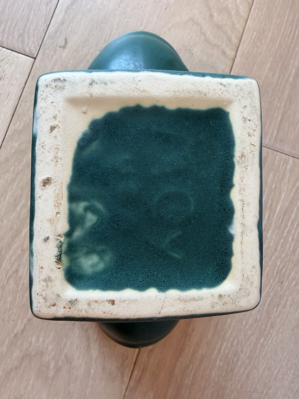 Vintage Mccoy Pottery Green Matte Glaze Oval Pedestal Square Foot Vase, 10 1/4″