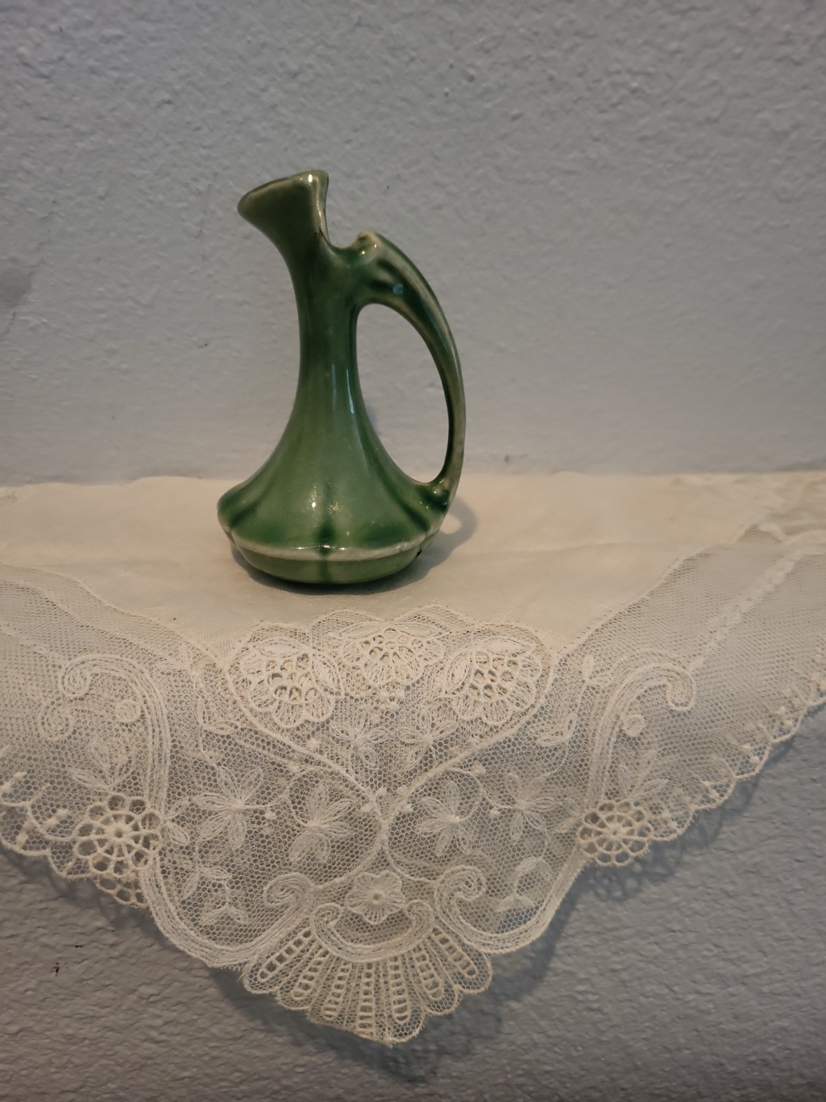 Vtg Ewer 1950’s Art Pottery Light Green Vase w/Handle 4” Glossy MCM