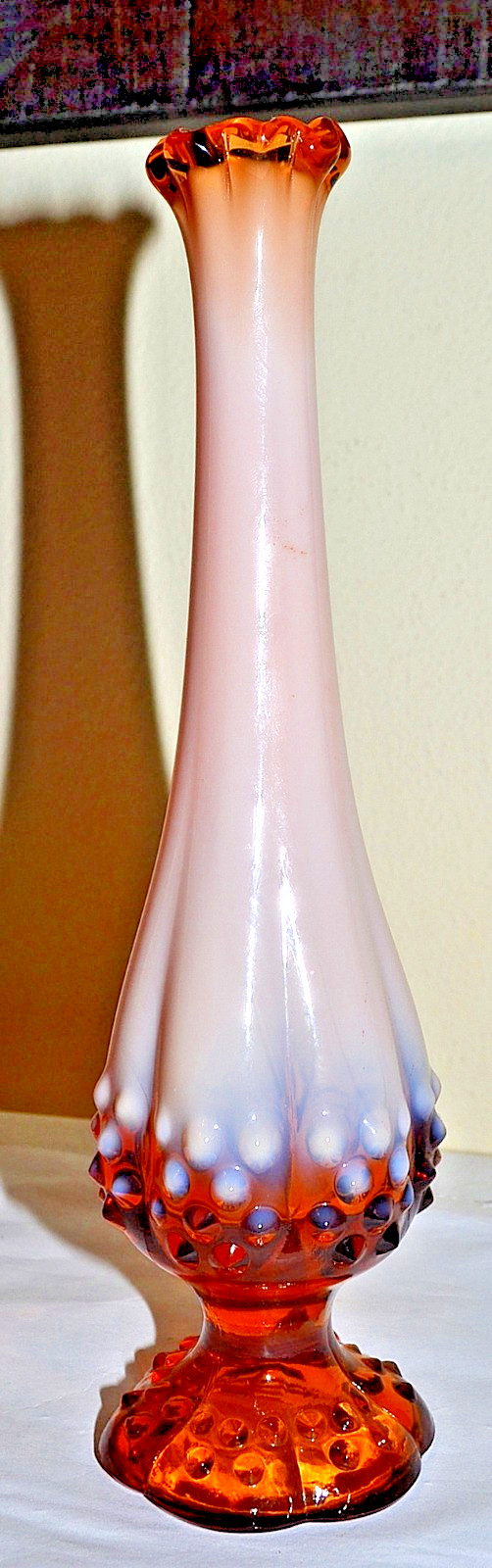 Vintage Fenton Root Beer Amber Hobnail Swung 9 1/2″ Bud Vase Ruffled Rim EUC!