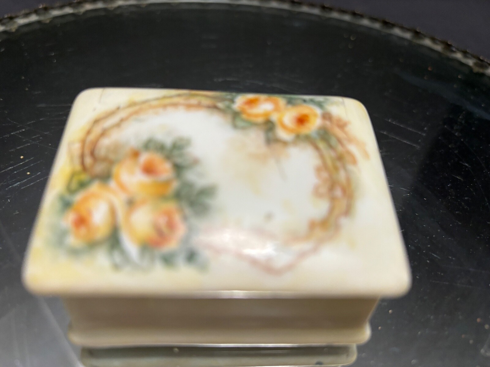 RS Germany Porcelain Stamp Box Vintage Hand Pntd Lid Signed Iridescent Interior