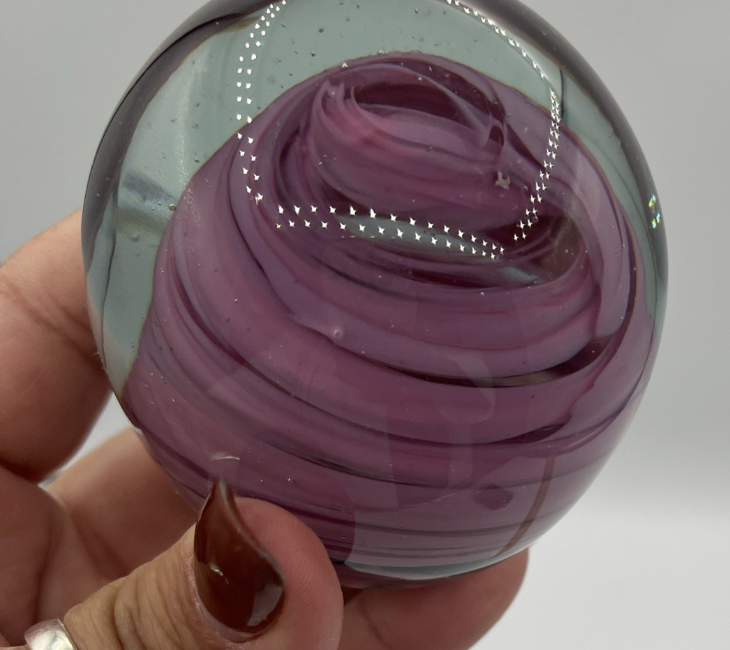 Vintage Pink/Purple Swirl Paperweight Hand Blown Art Glass 2 7/8″ Tall