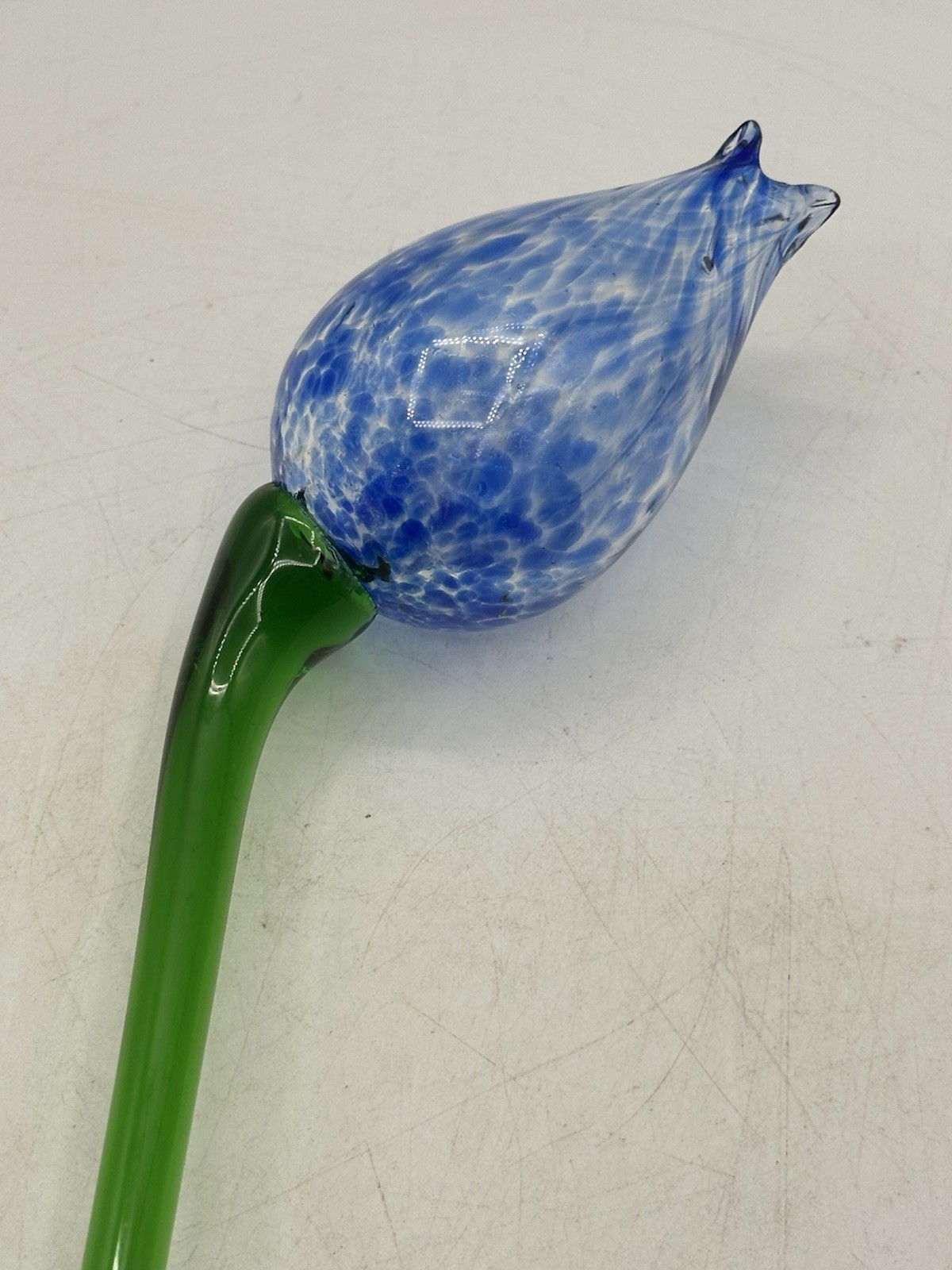 Blown Art Glass Swirling Speckle Blue Flower With Green Stem 20” OA